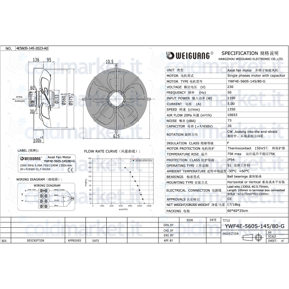 Ventilateur Axial Ø 560 mm Aspirant Monophasé 230V 1350 tr/min Weiguang YWF4E-560S-145L80