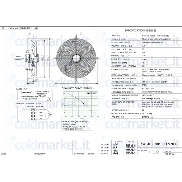 Ventilatore assiale diametro 630 MM Premente 220V - 1320gir/Min WEIGUANG YWF4E-630B-137/70-G